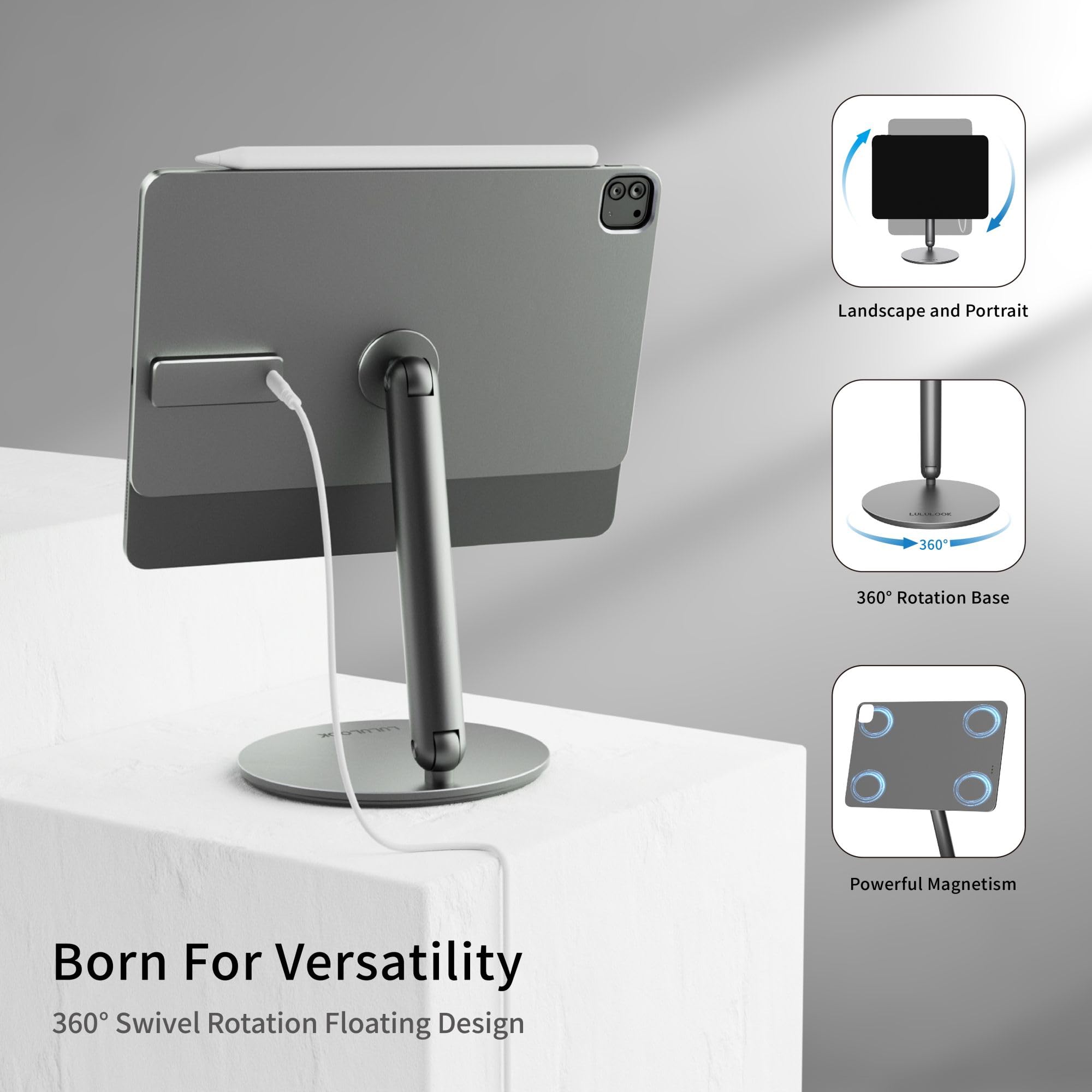 Lululook Magnetic Wireless Charging Stand For Ipad Pro 11 Inch M4 (2024) Only, 360� Rotating Base With Anti Slip Pad, Aluminium Alloy Foldable Ipad Pro Stand, Not Support Ipados 18.3 Beta1&2 Version.